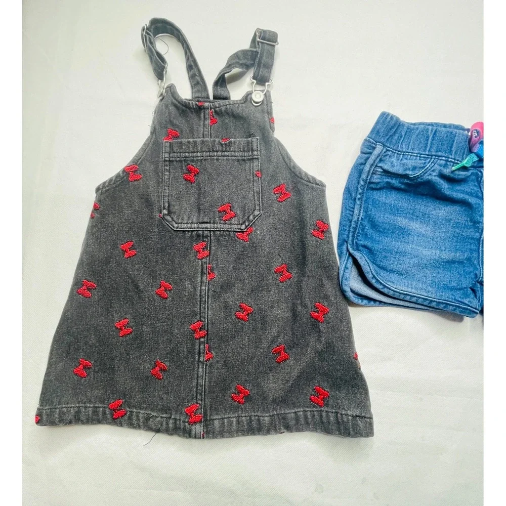 Disney Minnie Mouse Overall Dress & Vigoss Shorts Lot 3T 4T Black Denim Bow Set
